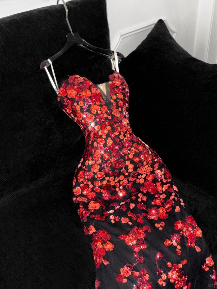 Unique Mermaid Sweetheart Neck Red Sequin Black Satin Prom Dress DP4298