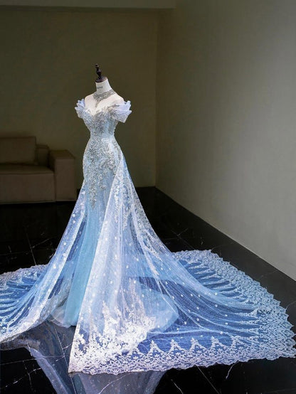 Exquisite Blue Beaded Mermaid Off the Shoulder Tulle Prom Dress Evening Dress DP3034