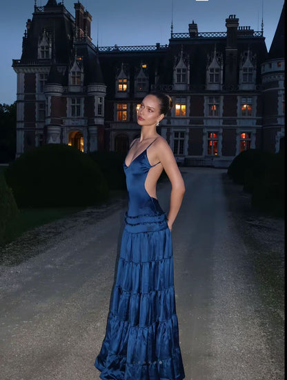 Sexy Backless Navy Blue A Line Spaghetti Strap Satin Long Prom Dress Date Dress DP6637