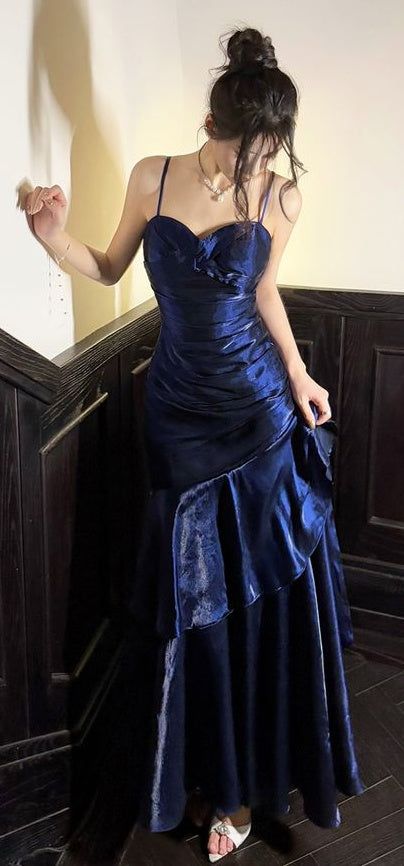 Dark Blue Mermaid Spaghetti Straps Long Prom Dresses Birthday Party Dress Evening Gowns DP4234