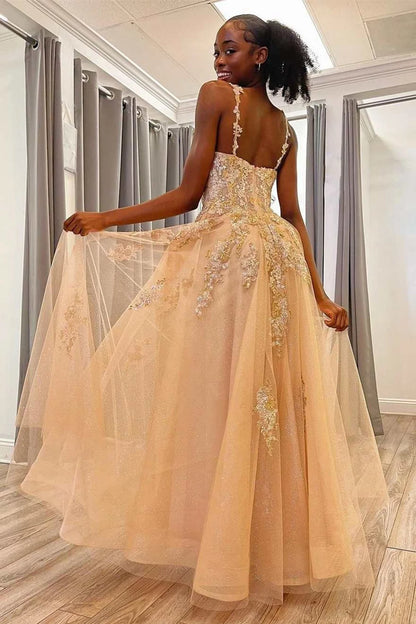 Charming A Line Spaghetti Straps Champagne Long Prom Dress with Appliques DP7765