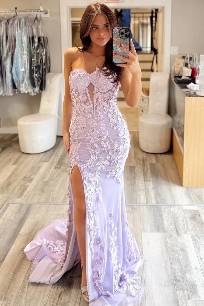 Lilac Mermaid Strapless Lace Appliques Tulle Long Evening Dress Prom Dress DP7683