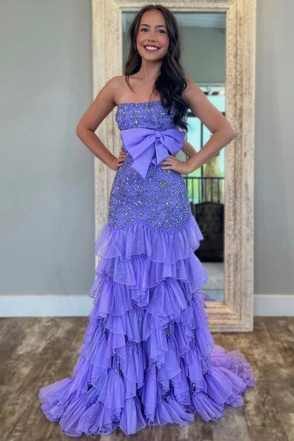 Dreamy Purple Mermaid Strapless Beaded Tulle Long Evening Dress Prom Dress DP7684