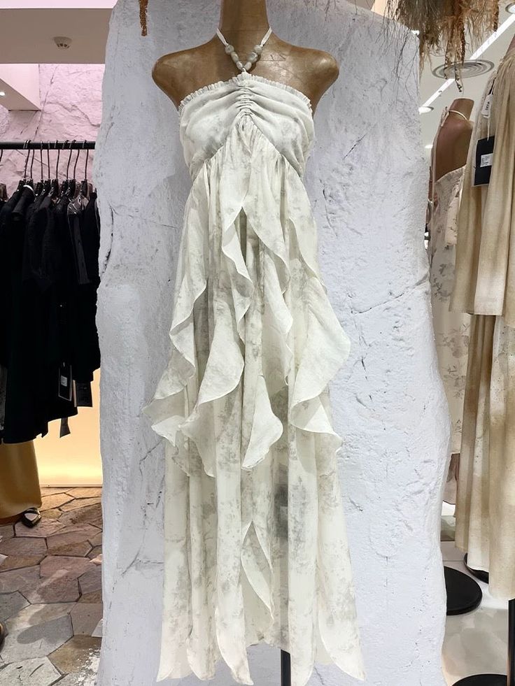 A Line Halter Ruffled Floral Chiffon Long Vacation Dresses Outfits DP1323