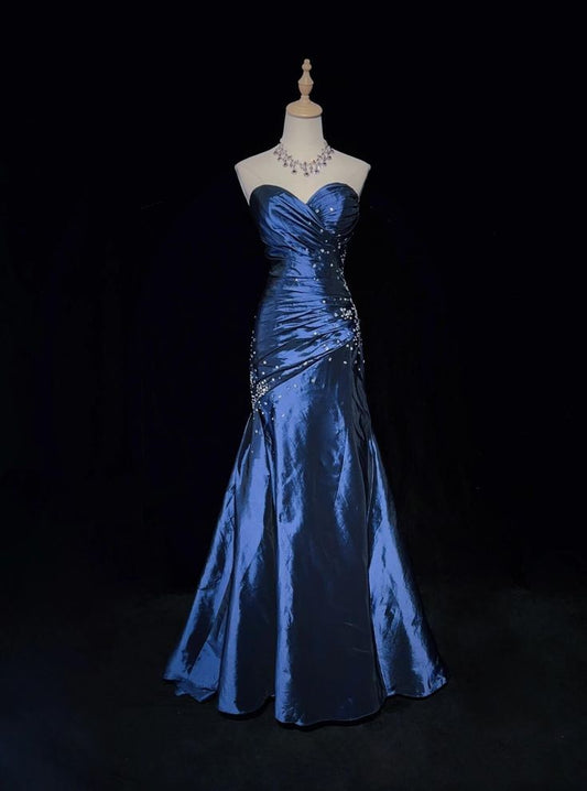 Navy Blue Mermaid Strapless Rhinestone Pleated Satin Prom Dress Party Dress DP3184