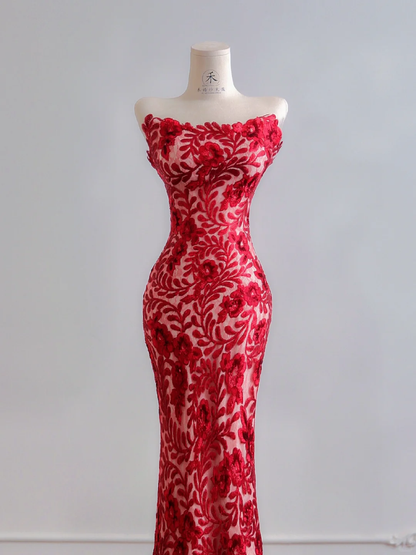 Charming Burgundy Mermaid Strapless Lace Prom Dress Wedding Guest Dress DP3876