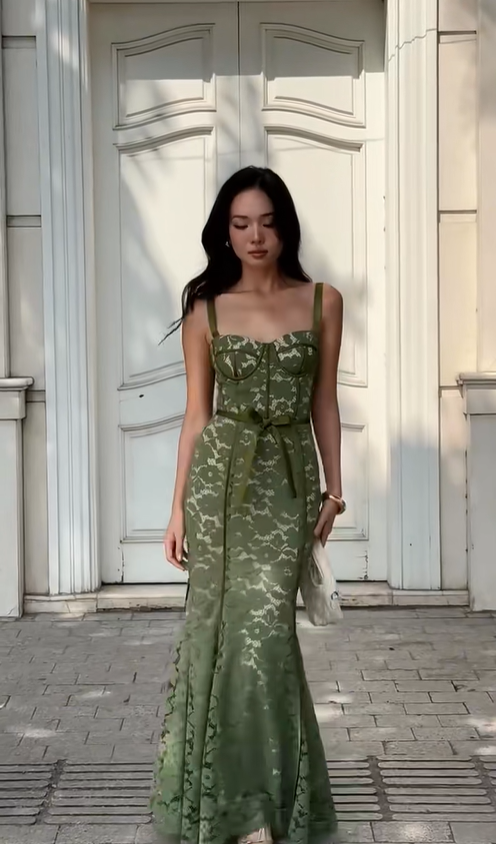 Green Mermaid Spaghetti Strap Lace Long Prom Dress Party Dress Outfits DP4529