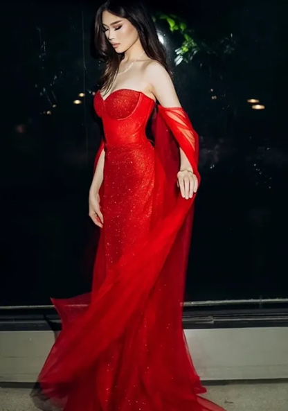 Sexy Red Mermaid Strapless Sequin Tulle Long Prom Dress Graduation Prom Dress DP4886