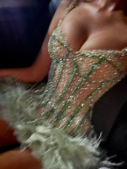 Cute A Line Spaghetti Strap Sequin Green Feather Tulle Short Party Dress Cocktail Dress DP2412