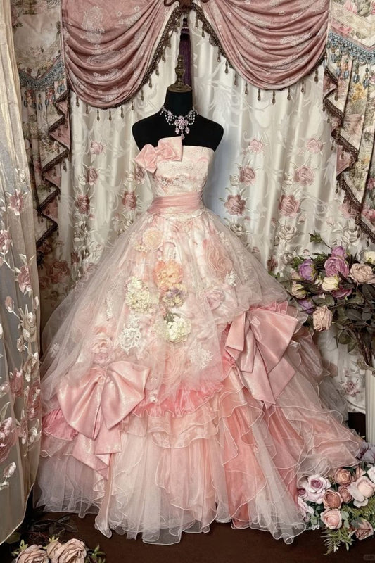 Vintage Light Pink Ball Gown Strapless Floral Layered Organza Prom Dress 16th Birthday Dress DP4057
