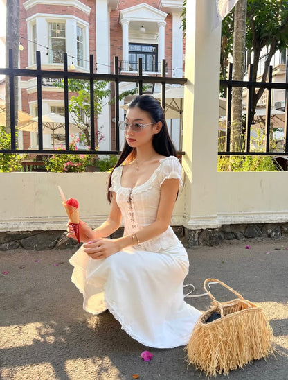 Cute Two Piece A Line Puff Sleeve White Lace Satin Long Prom Dress Date Dress DP7017