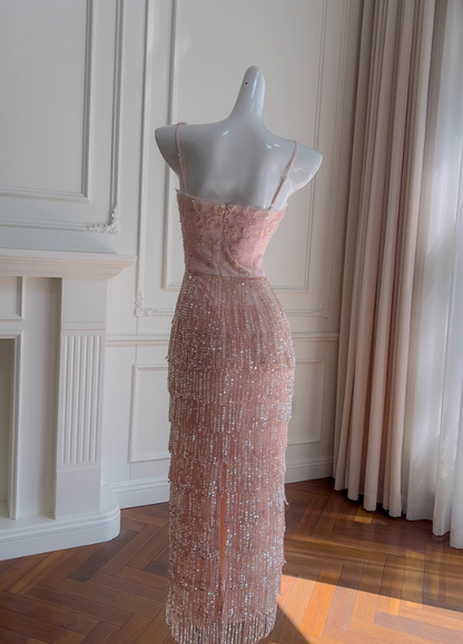 Gentle Pink Sheath Straps Exquisite Beaded Tulle Prom Dress Party Dress Date Dress DP4460