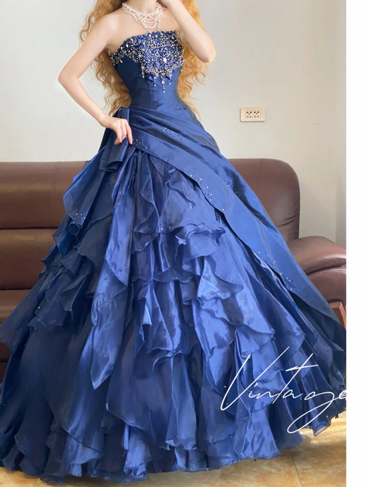Vintage Ball Gown Strapless Beaded Layered Navy Blue Satin Prom Dress 16th Birthday Dress DP4141