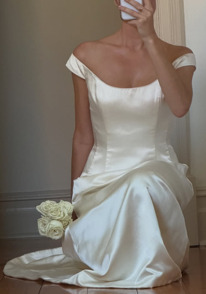 Vintage Simple High-class A Line Strap White Satin Wedding Dress DP7705