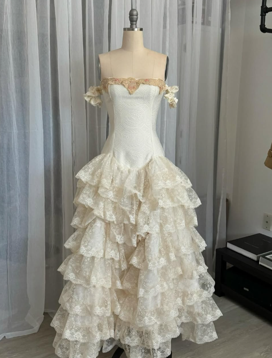 Vintage Light Apricot A Line Off the Shoulder Layered Lace Long Prom Dress Evening Dress DP7885