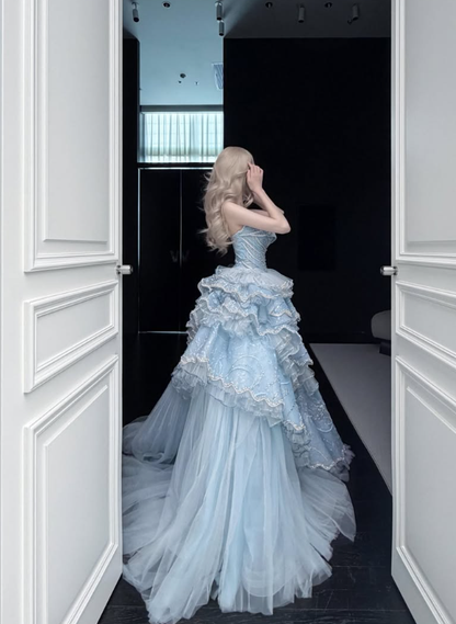 Baby Blue Ball Gown Strapless Shiny Beaded Layered Tulle Prom Dress Quinceanera Dress DP6611