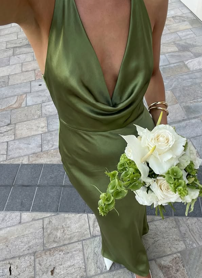 Elegant Green Sheath Halter Satin Long Bridesmaid Dress Open Back DP5114