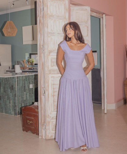 Simple Lilac A Line Round Neck Satin Long Prom Dress Party Dress DP4131