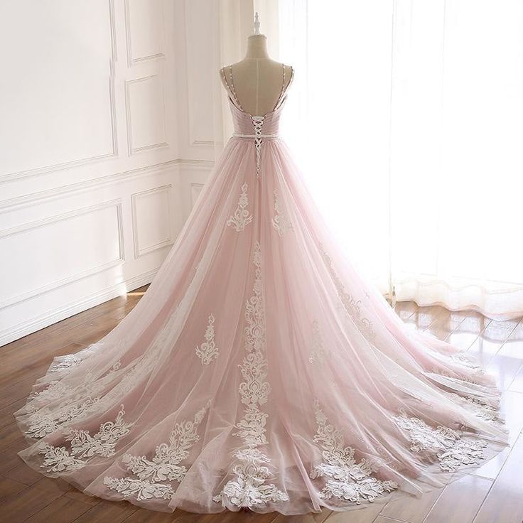 Light Pink A Line Beaded Appliques Tulle Prom Dress Evening Dress DP973