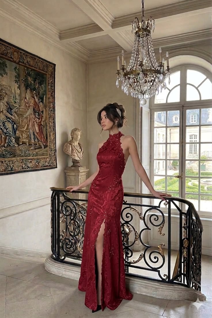 Red Sheath Halter Lace Appliques Satin Prom Dress Evening Dress with Slit DP7511