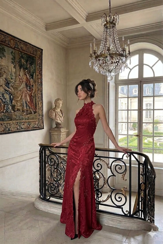 Red Sheath Halter Lace Appliques Satin Prom Dress Evening Dress with Slit DP7511