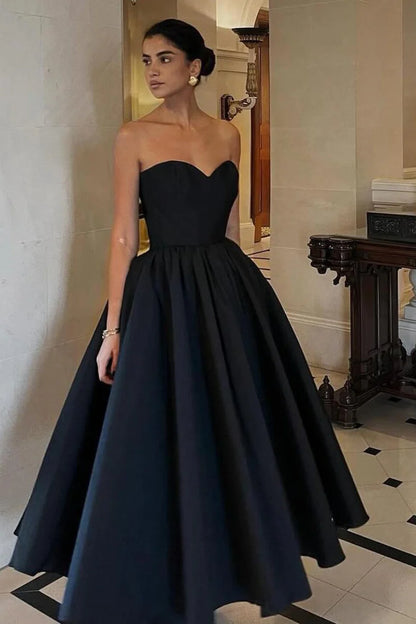Simple Elegant A Line Sweetheart Neck Black Satin Prom Dress Evening Dress DP6084