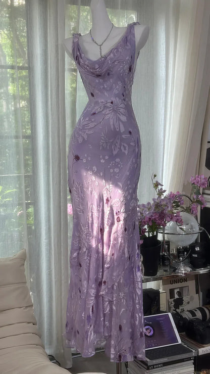 Gentle Retro Mermaid Straps Print Floral Purple Satin Prom Dress Formal Dress DP3511