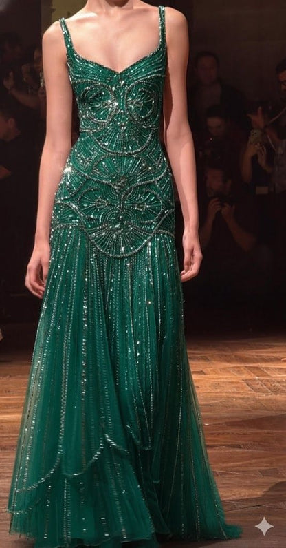 Luxurious Emerald A Line Straps Exquisite Beaded Prom Dress DP5177