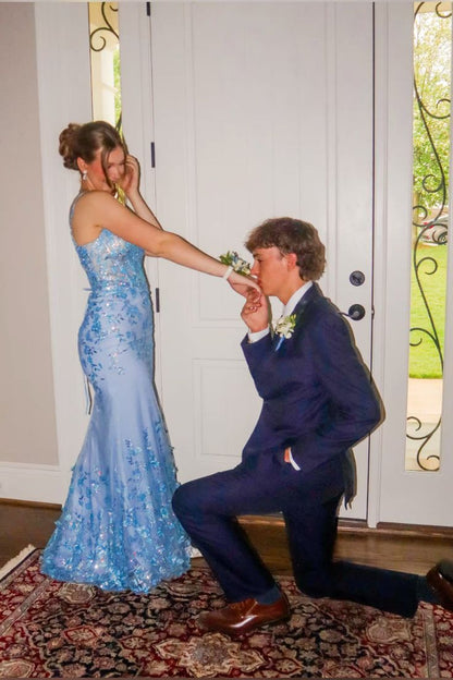 Charming Blue Mermaid Straps Sequin Tulle Prom Dress Evening Dress DP6102