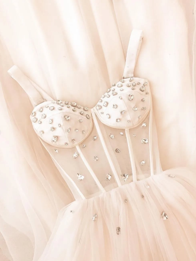 Simple A Line Strap Rhinestone Corset Ivory Tulle Prom Dress Evening Dress DP1755