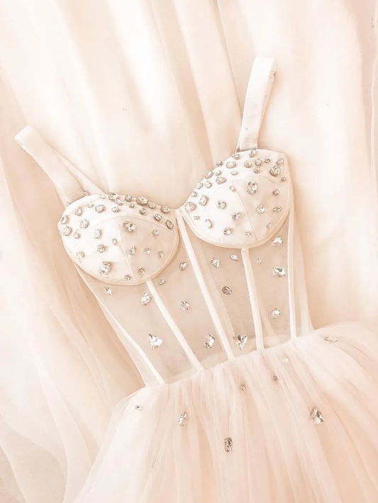 Simple A Line Strap Rhinestone Corset Ivory Tulle Prom Dress Evening Dress DP1755