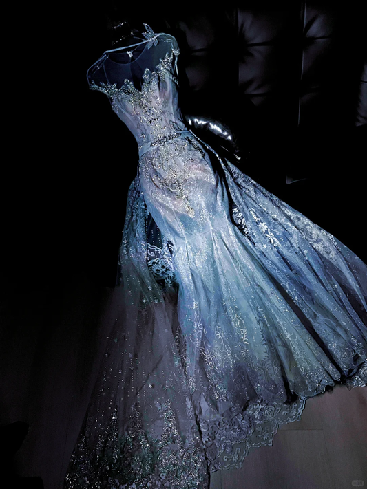 Blue Mermaid Round Neck Beaded Sequin Tulle Long Prom Dress Evening Dress DP2829