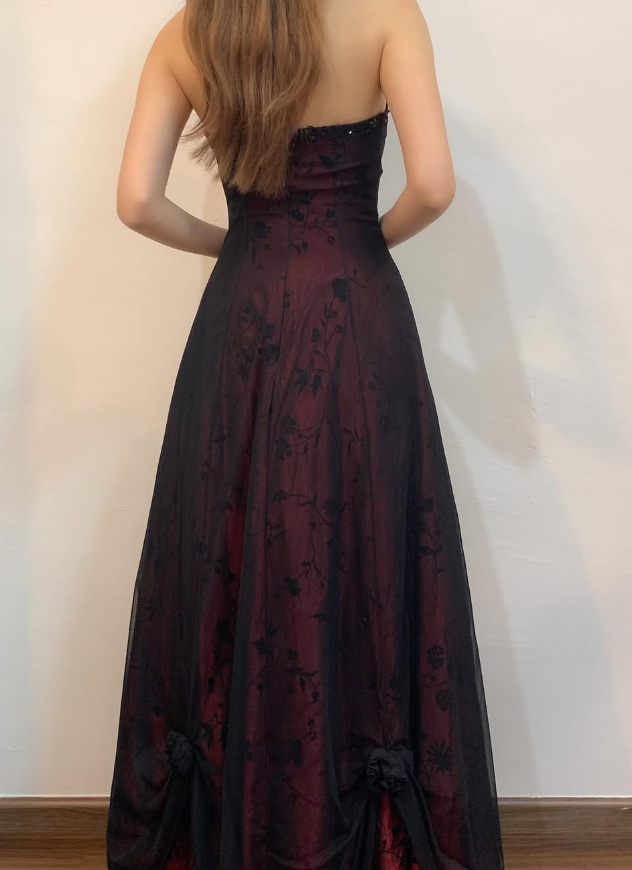 Vintage A Line Strapless Appliques Satin Long Prom Dress Evening Dress DP1355