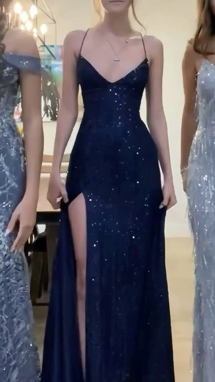Shiny Navy Blue A Line Suspender Waist Slim Fit Sequin Maxi Prom Dress with Slit DP4837