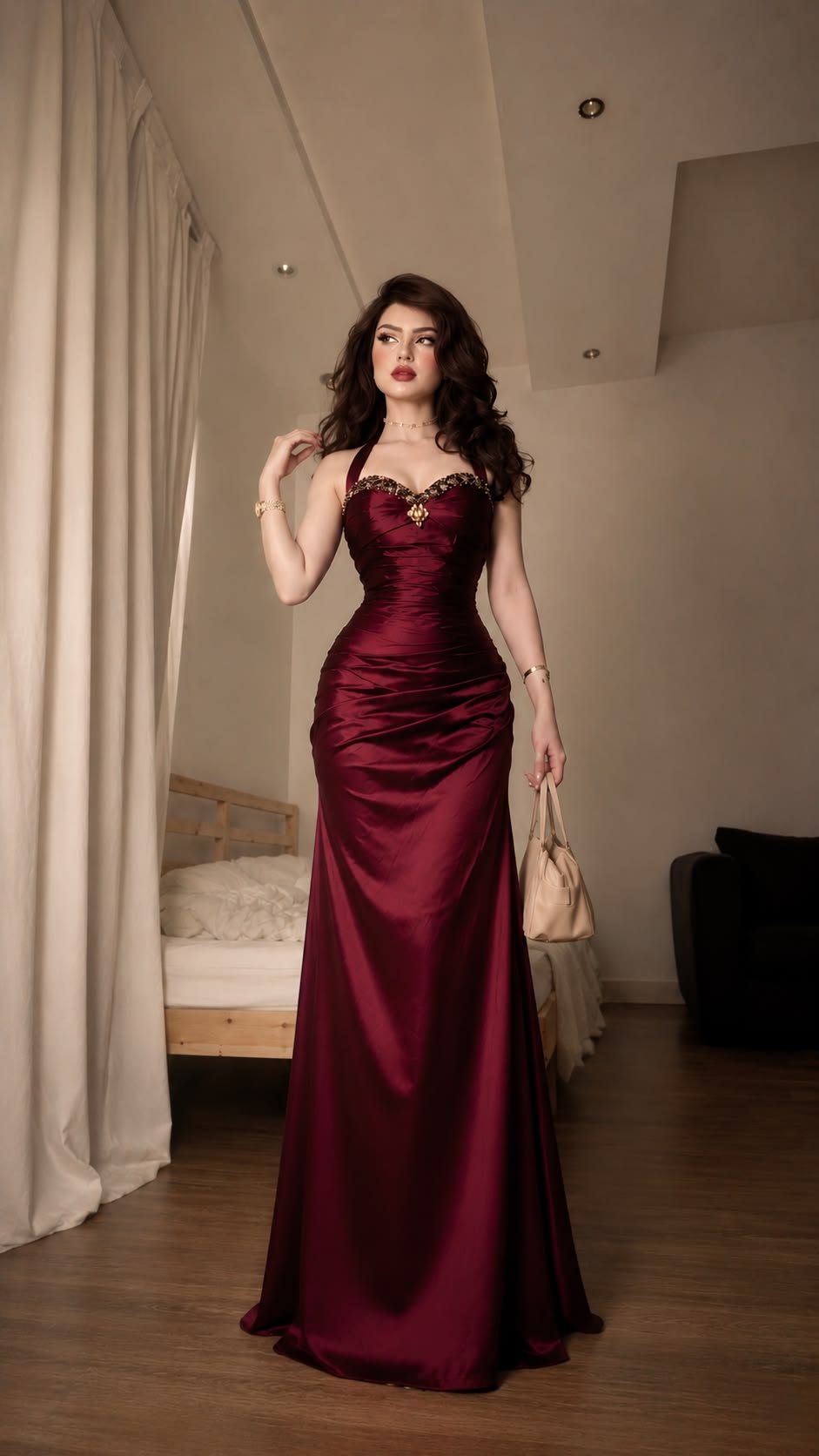 Mermaid Halter Beaded Burgundy Satin Long Prom Dress Party Dress DP5808
