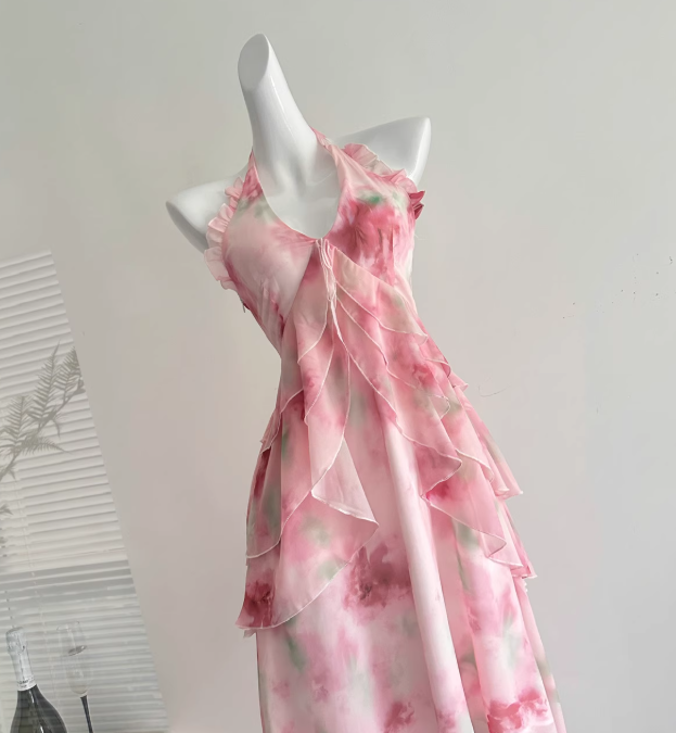 Pink A Line Halter Print Floral Layered Chiffon Vacation Dress Prom Dress Outfits DP3555