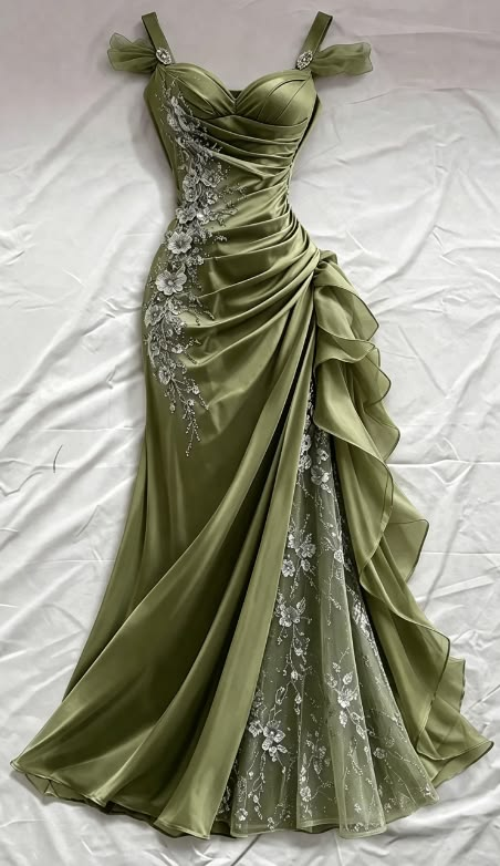Olive Green 3D Floral Mermaid Beaded Tulle Satin Prom Dress Evening Dress DP6871