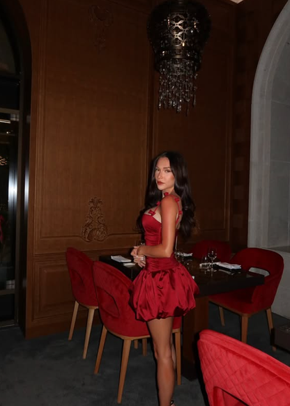 Burgundy Bow A Line Spaghetti Strap Satin Short Homecoming Dress Birthday Dress DP3680
