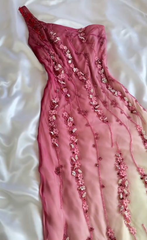 Vintage Pink Ombre Exquisite Floral Beaded Chiffon Long Prom Dress DP5076