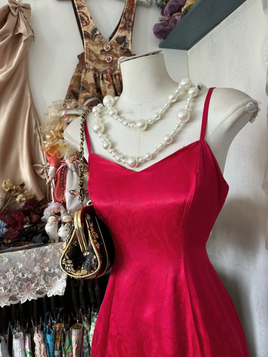 Red Vintage Mermaid Spaghetti Strap Ruffle Satin Prom Dress DP4849