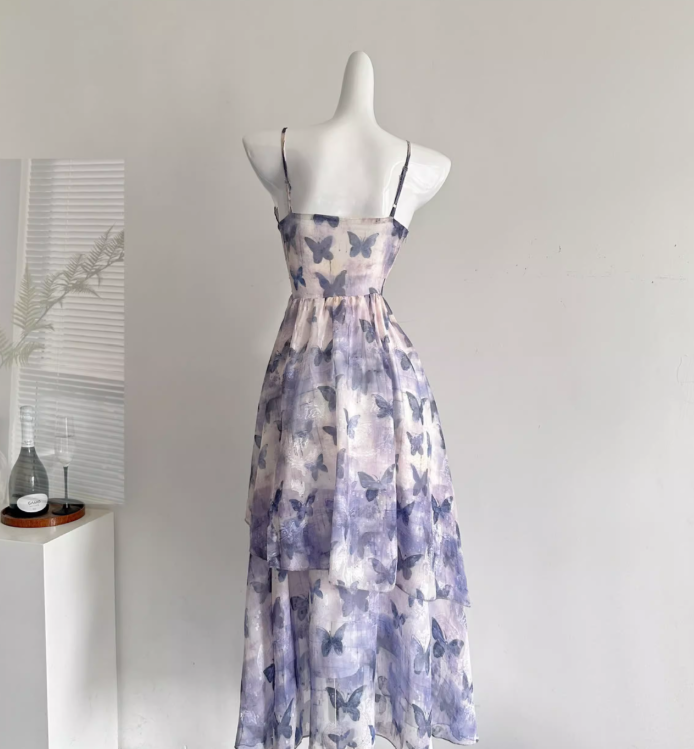 Purple Butterfly A Line Spaghetti Strap Ruffle Chiffon Vacation Dress Summer Dress Outfits DP3559