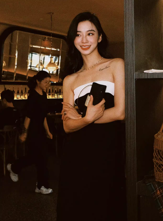 Classic Black-white A Line Strapless Satin Prom Dress Date Dress DP4430