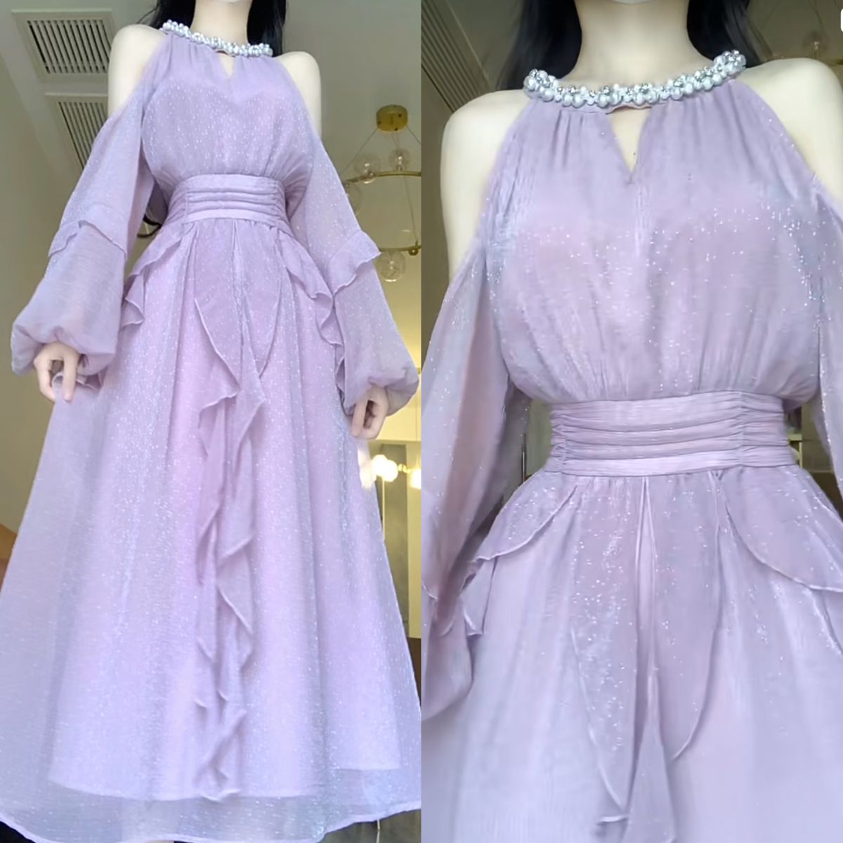 Purple Classy A Line Halter Long Sleeve Beaded Chiffon Evening Dress Outfits DP3148