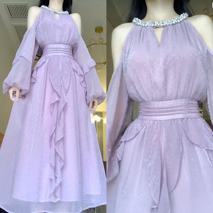 Purple Classy A Line Halter Long Sleeve Beaded Chiffon Evening Dress Outfits DP3148
