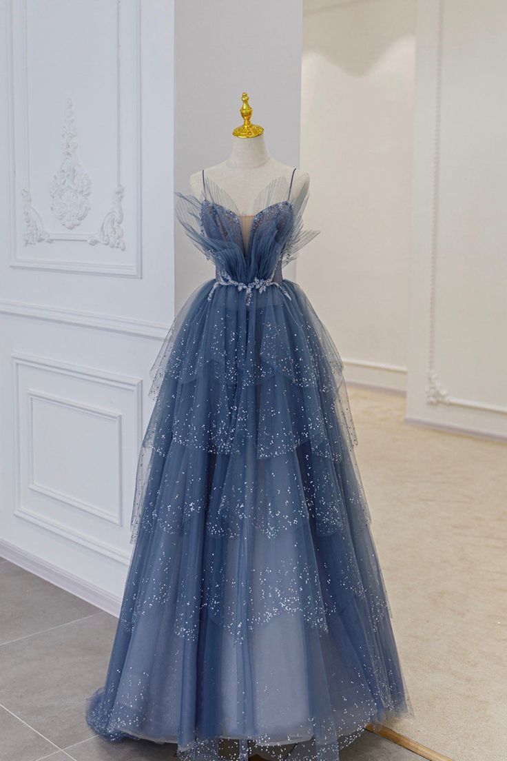 Stunning Exquisite Beaded A Line Strapless Layered Blue Tulle Prom Dress Evening Dress Date Dress DP3469