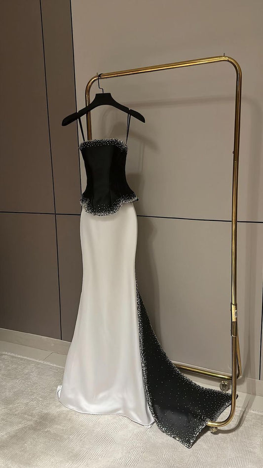 Unique A Line Strapless Beaded Black White Satin Long Prom Dress Evening Dress DP2832