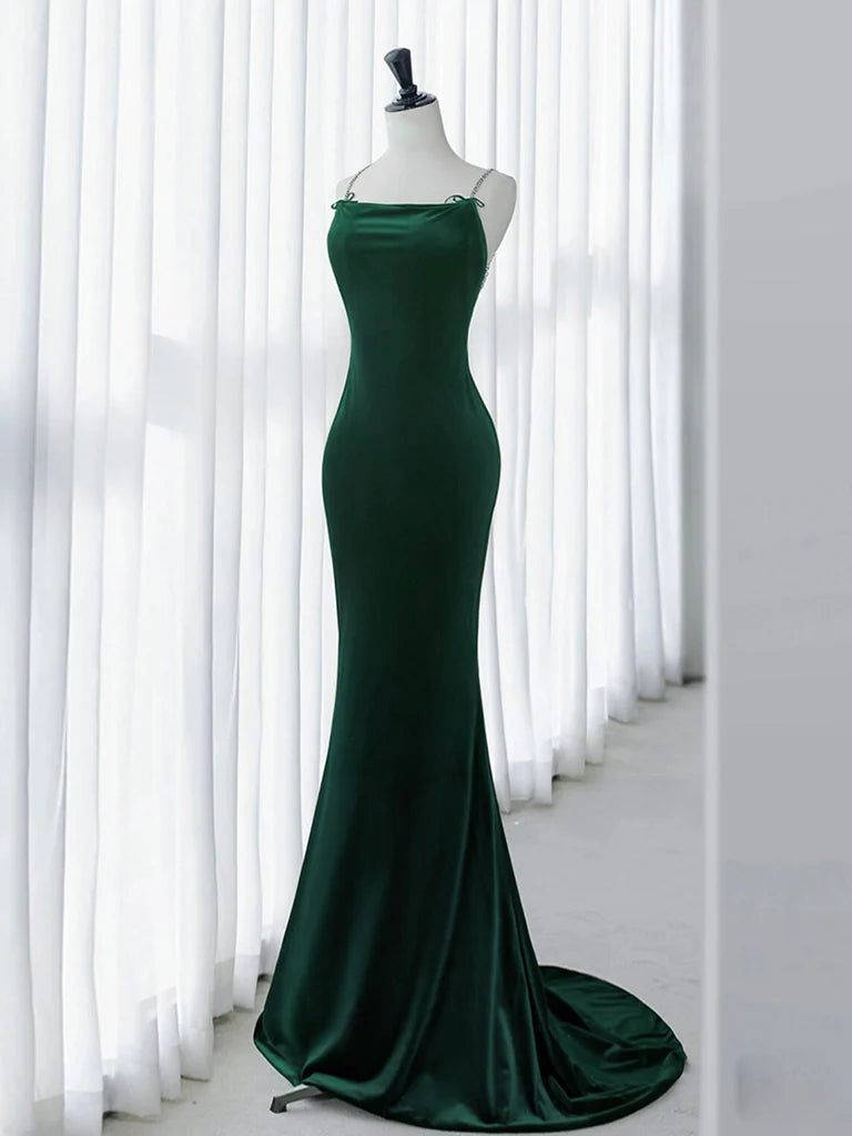 Green Mermaid Velvet Backless Long Prom Dress Evening Dress DP1155