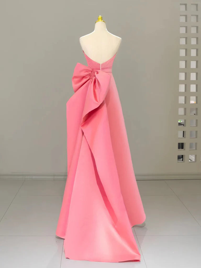 A Line Sweetheart Neck Pink Bow Satin Long Prom Dress Formal Dress DP1179