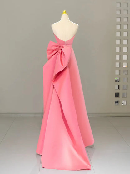 A Line Sweetheart Neck Pink Bow Satin Long Prom Dress Formal Dress DP1179