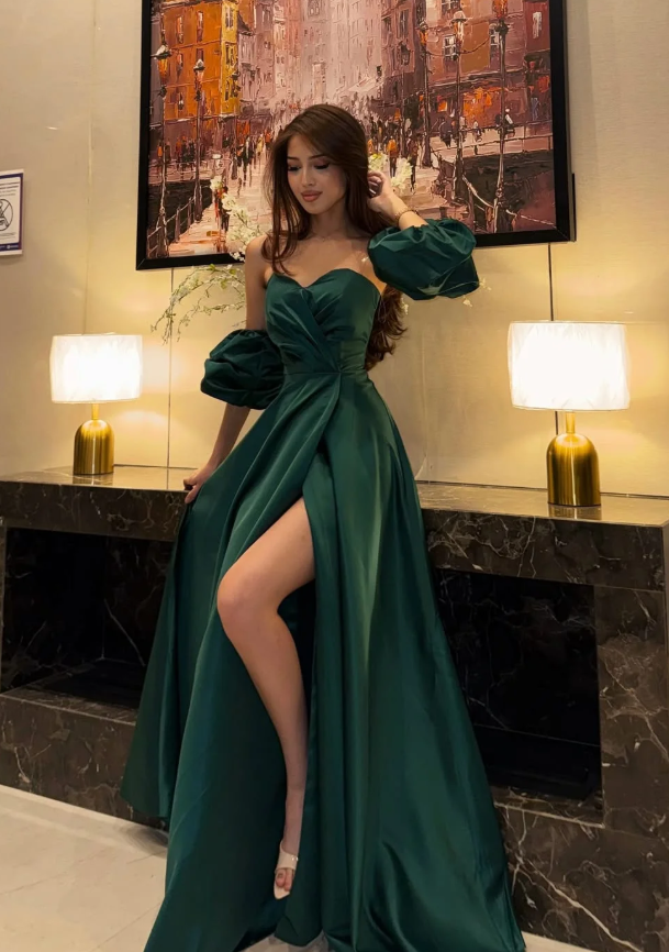 Emerald A Line Sweetheart Neck Satin Long Prom Dress Evening Dress with Slit DP6928